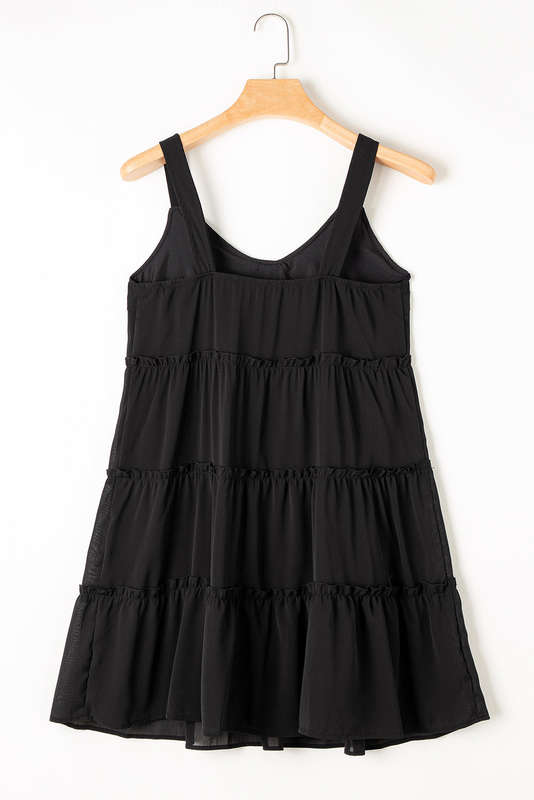 Black Button V Neck Frilly Tiered Sleeveless Dress