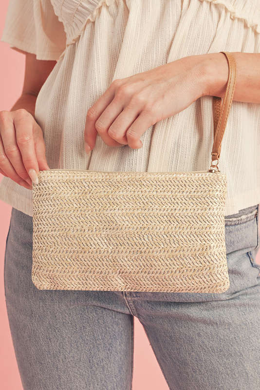 Oatmeal Straw Woven Wrist Strap Zipper Large Wallet