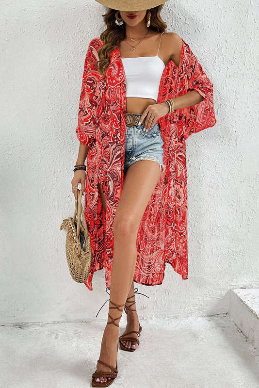 Red Floral Print Side Slit Open Front Long Kimono