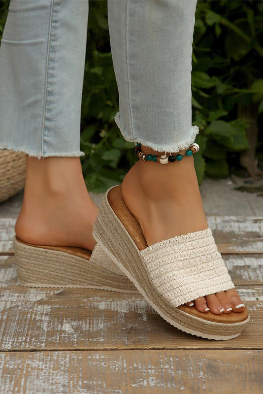 White Woven Wide Band Platform Slippers