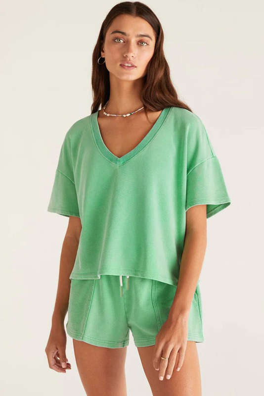 Mint Green V Neck Drop Shoulder Tee and Patchwork Drawstring Shorts Set