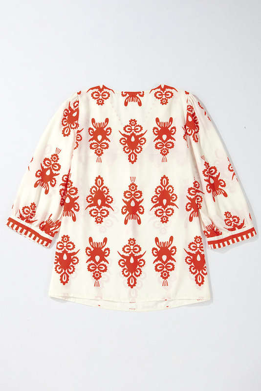 Orange Vintage Geometric Printed 3/4 Sleeve V Neck Blouse
