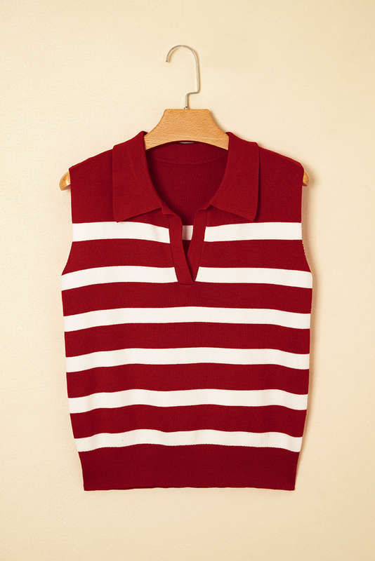 Red Stripe Collared Split Neck Sweater Vest