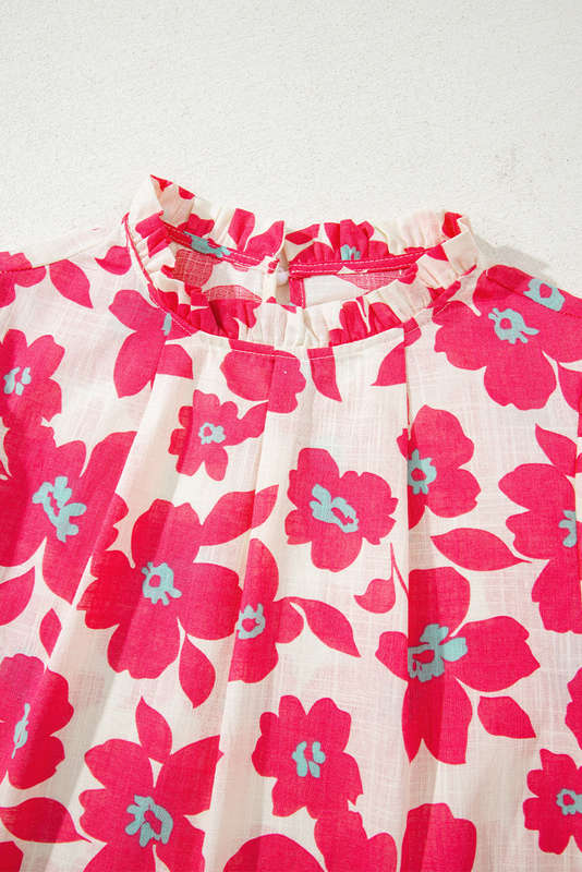 Pink Frilled Neck Short Puff Sleeve Floral Blouse
