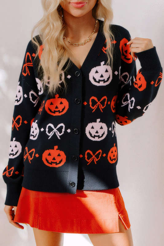Black Halloween Pumpkin Bow Knit Button V Neck Sweater Cardigan