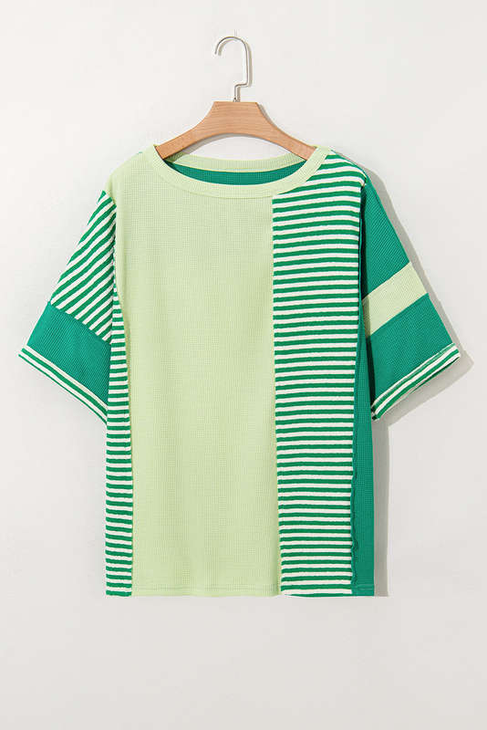 Green Stripe Patchwork Colorblock Plus Size T Shirt