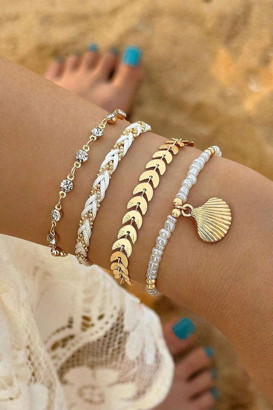 Gold Shell Pendant Beaded Braided Multi Layer Bracelet