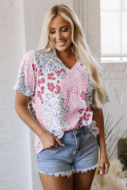 Pink Mixed Leopard Print V Neck Short Sleeve Blouse