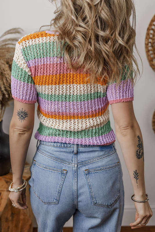 Orange Colorblock Striped Pointelle Knit V Neck Buttoned Crop Short Sleeve Sweater
