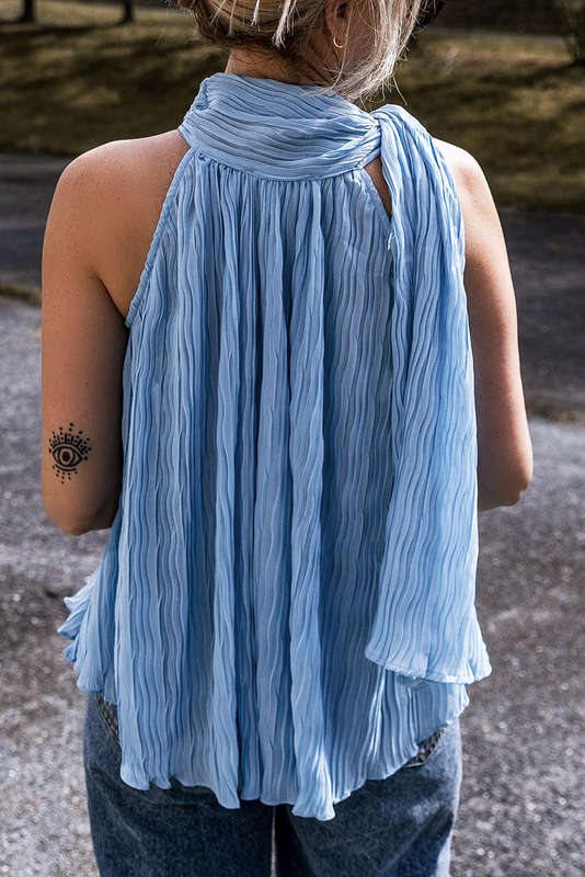Myosotis Textured Pleated Tied Mock Neck  Flowy Tank Top
