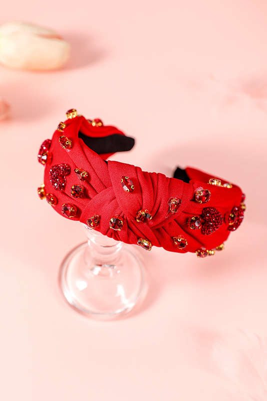 Fiery Red Rhinestone Heart Glass Drill Studded Knotted Wide Headband