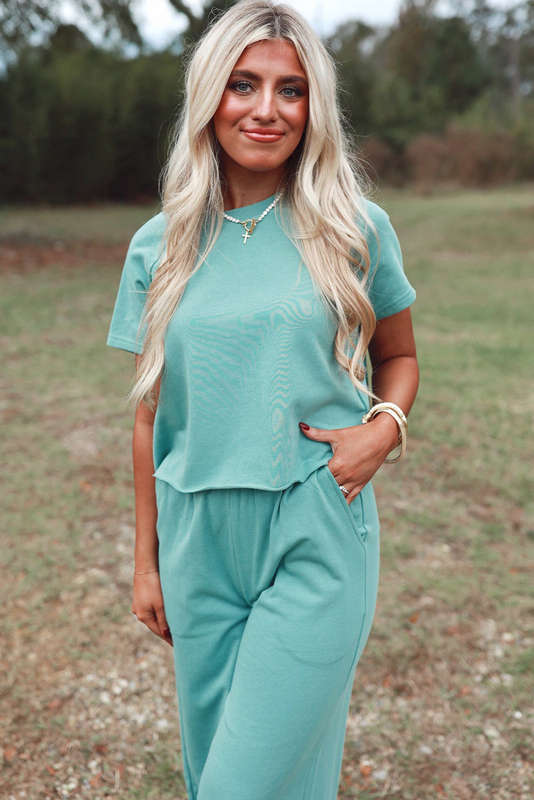 Mint Green Raglan Short Sleeve Tee and Wide Leg Pants Set