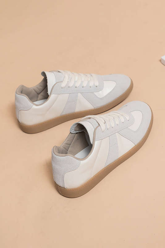 Beige PU Leather Suede Patched Lace-up Flat Shoes