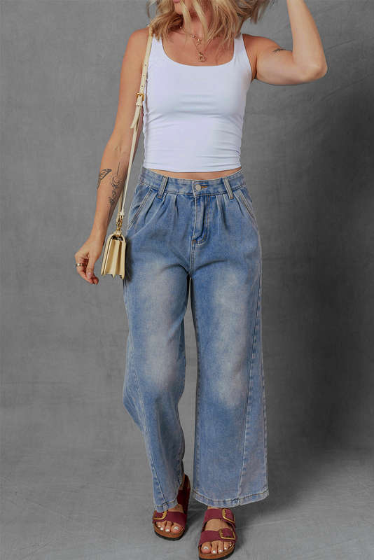 Ashleigh Blue Washed Pleated Detail Wide Leg Jeans