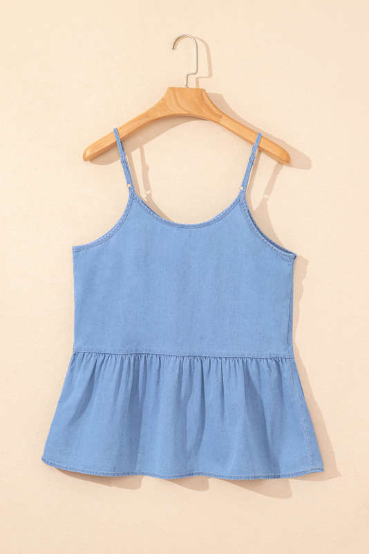Sky Blue Casual Ruffled Spaghetti Straps Denim Tank Top
