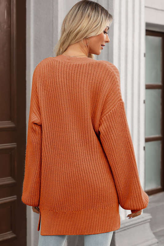 Gold Flame Button Front V Neck Chunky Cardigan Sweater