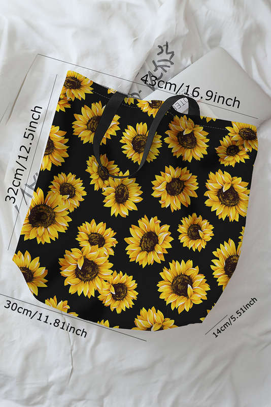 Black Sunflower Digital Print Canvas Tote Bag
