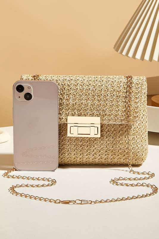 Camel Woven Chain Strap Flap Shoulder Bag