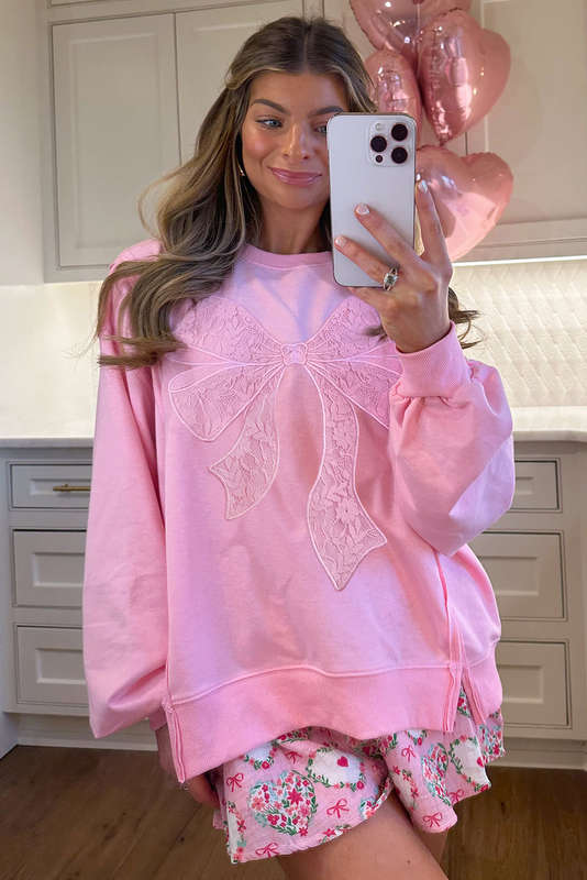 Bonbon Lace Insert Bow Embroidered Exposed Seam Sweatshirt