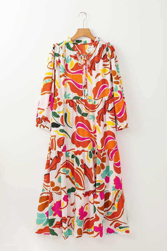 Orange Floral Print Split V Neck Tiered Maxi Dress