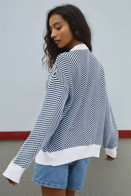 Blue Stripe Buttoned Front V Neck Herringbone Cardigan