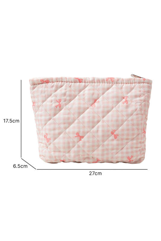 Pink Bow Knot Print Zipper Quilted Large Cosmetic Bag