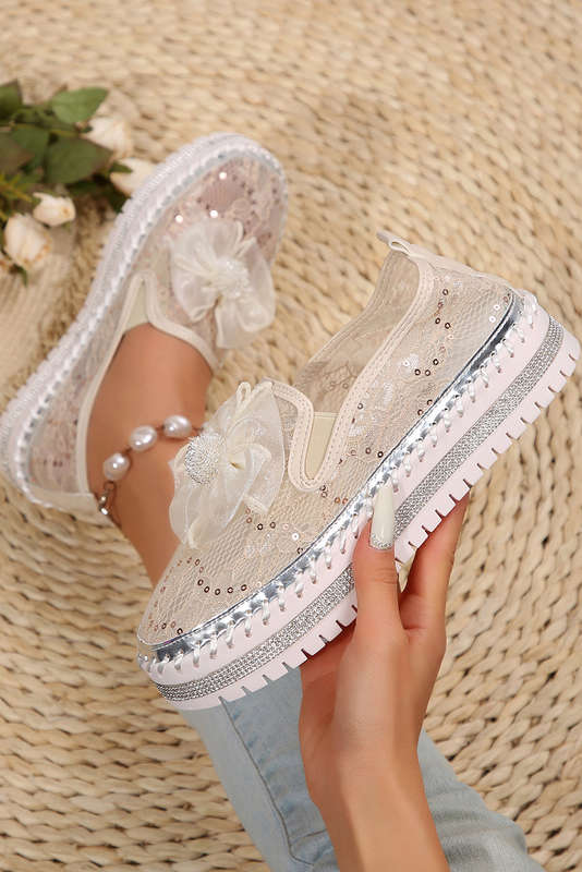 White Glossy Bow Decor Breathable Lace Loafer Shoes