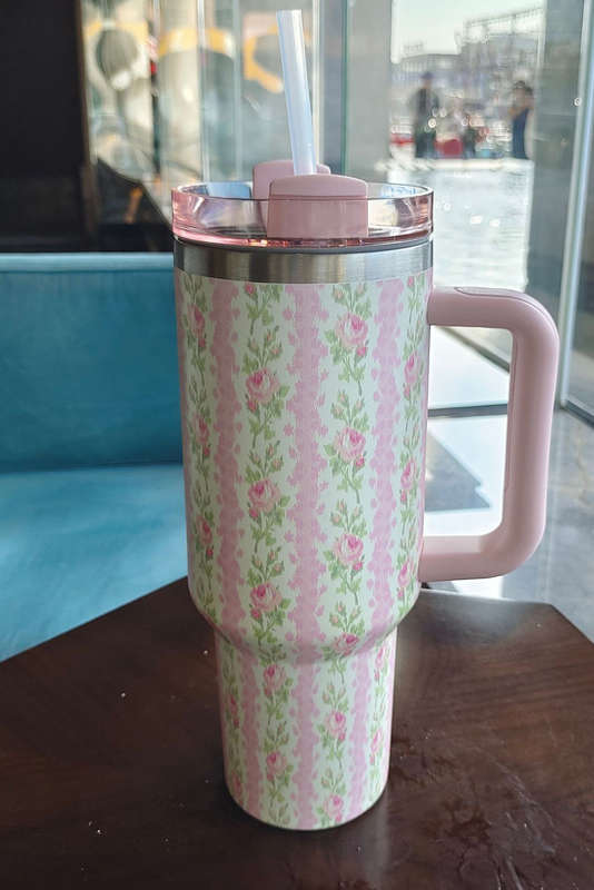 Pink Flower Print Large Insulated Tumbler with Handle 40oz