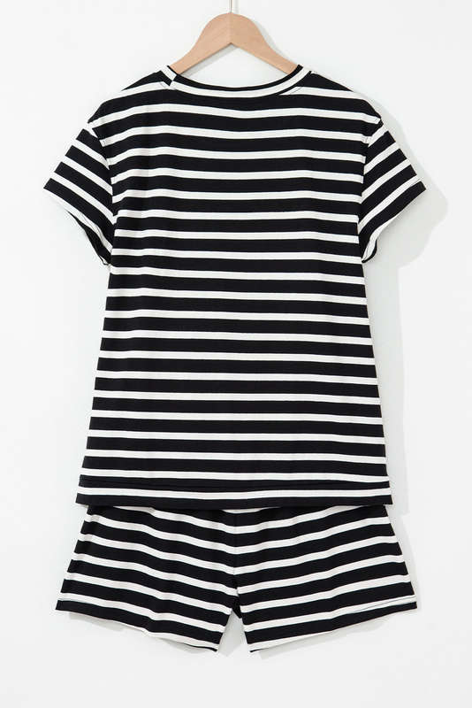 Black White Striped Short Sleeve Top and Shorts Set