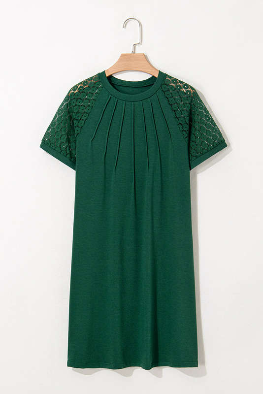 Green Contrast Lace Raglan Sleeve Pleated Detail Shift Dress