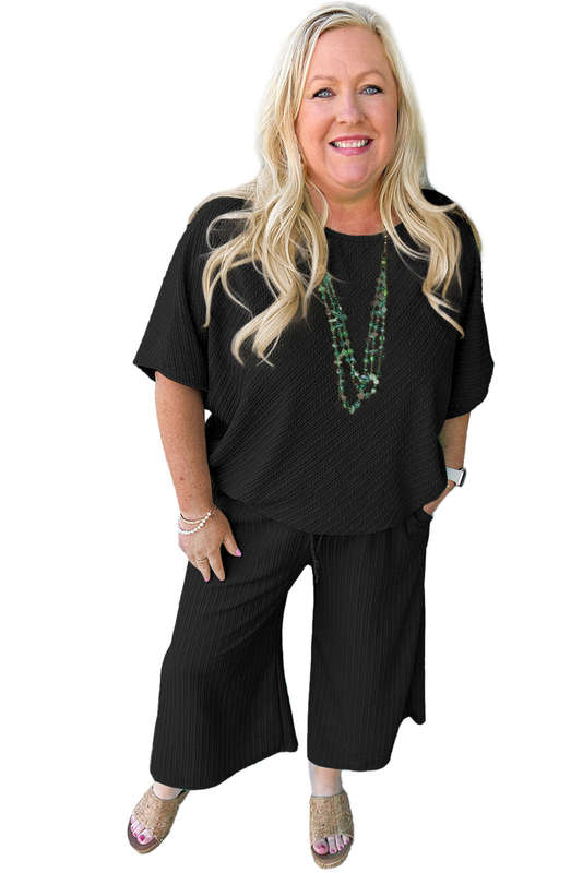 Black Textured Batwing Sleeve Tee Wide Leg Pants Plus Size Set