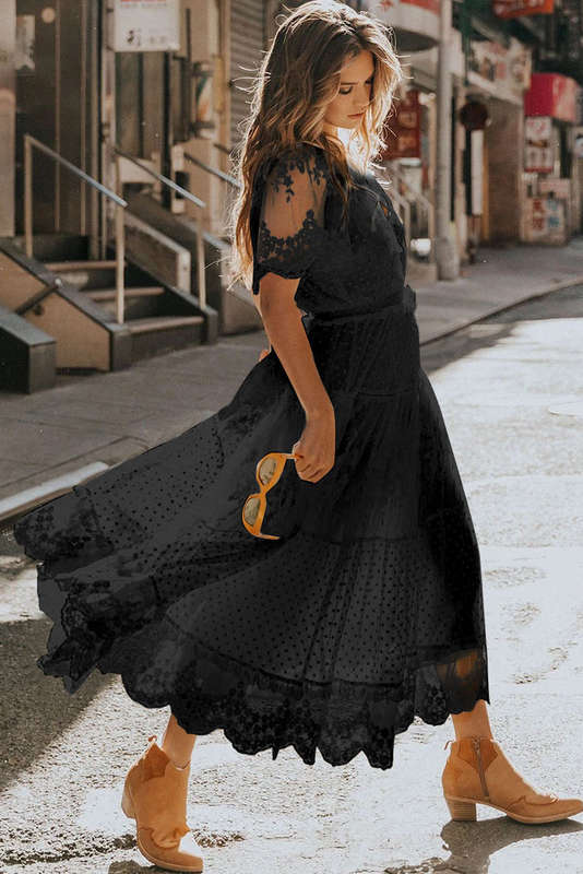 Black Dotty Lace Mesh Flowy Maxi Dress