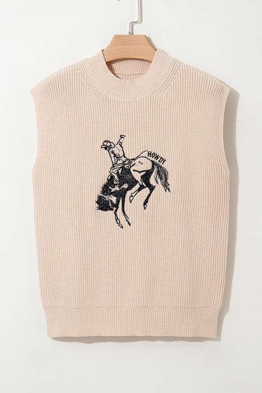 Oatmeal HOWDY Rodeo Cowboy Graphic High Neck Short Sleeve Sweater