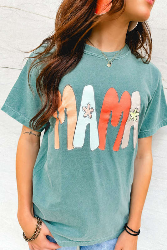 Sea Green MAMA Printed Mineral Wash Crewneck T Shirt
