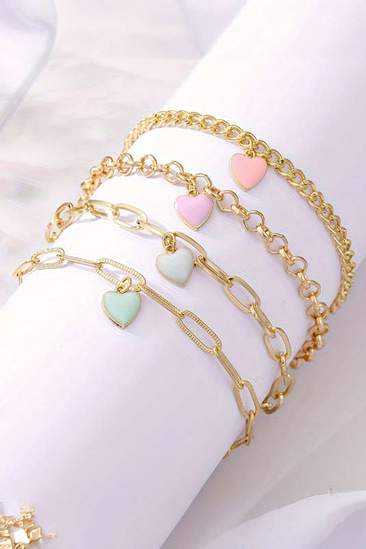 Gold Heart Charm Multi Layer Adjustable Chain Bracelet