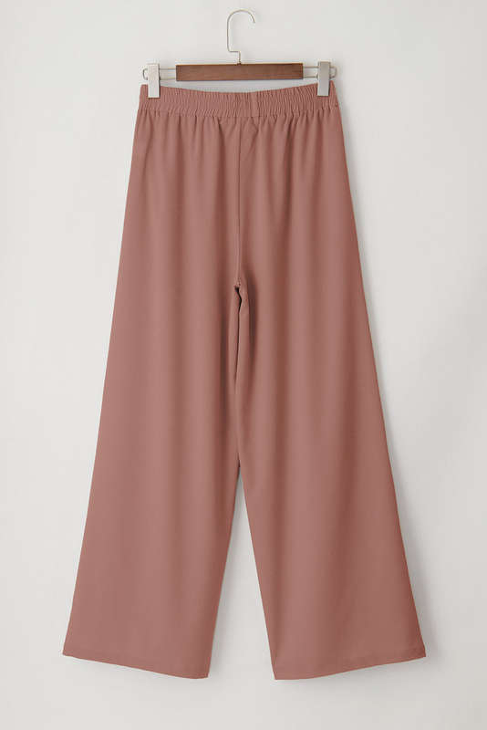 Coffee High Waisted Tie Front Side Pocket Wide Leg Flowy Casual Pants