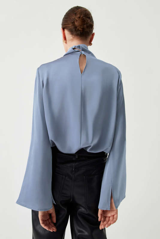 Ivy Asymmetric Pleated Turtleneck Bell Sleeve Blouse