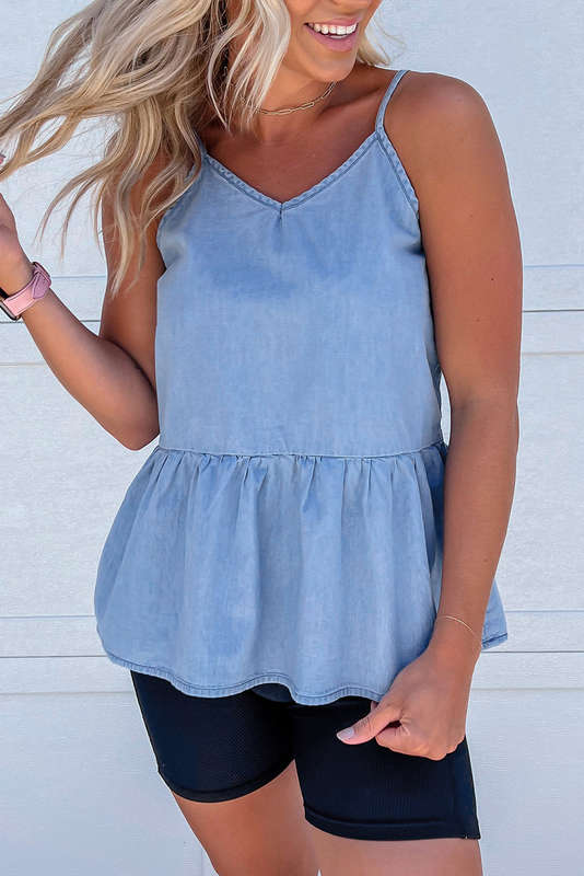 Sky Blue Casual Ruffled Spaghetti Straps Denim Tank Top