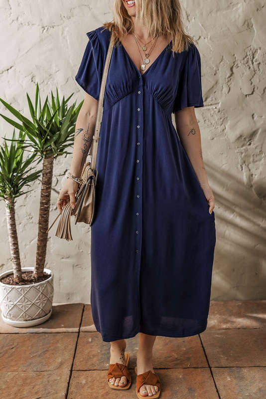 Navy Blue V Neck Buttoned Front Shirred Back Short Sleeve Midi Dress