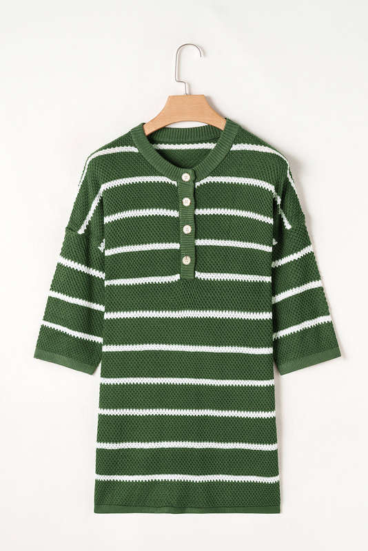 Green Stripe Henley Buttoned Placket Drop Shoulder Bracelet Sleeve Knit Sweater Tee