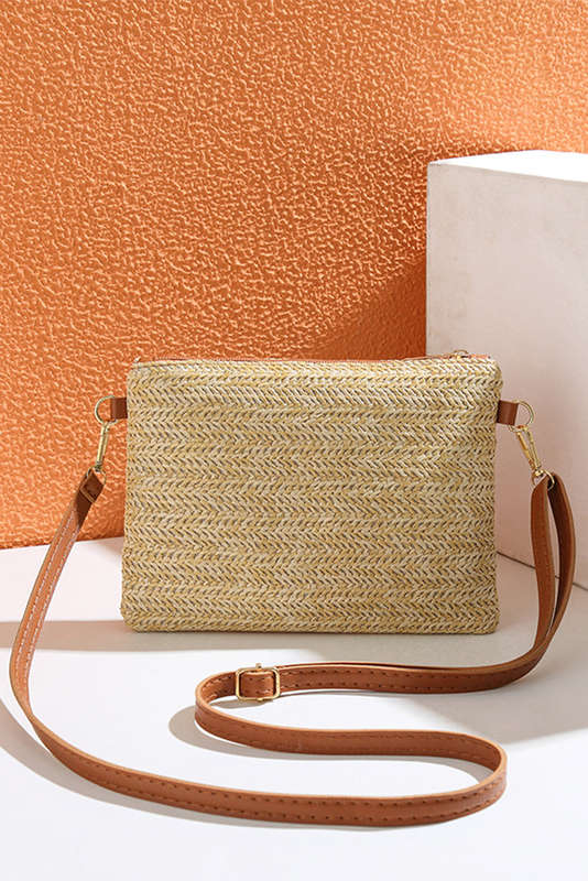 Beige Bow Pearl Decor Straw PU Leather Patched Crossbody Bag