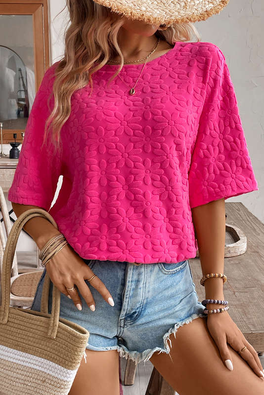 Rose Red Daisy Flower Jacquard Half Sleeve T Shirt
