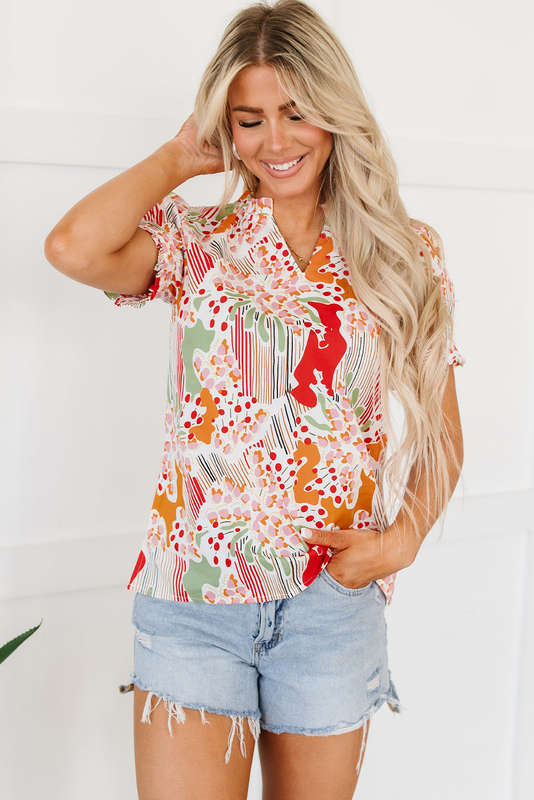 Pink Floral Print Button Frilled Short Sleeve Blouse