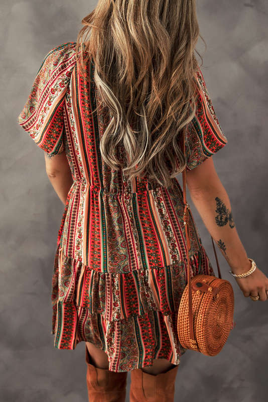 Red Bohemian Floral Print Buttoned V Neck Ruffle Tiered Dress