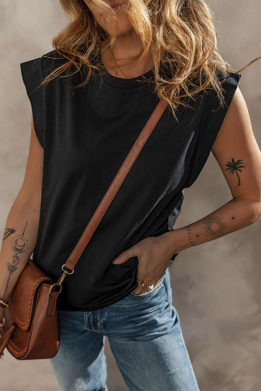 Black Cuffed Armhole Loose Tank Top