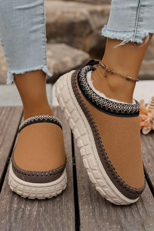 Coffee Contrast Stitch Detail Faux Suede PU Patchwork Plush Winter Clog Slippers
