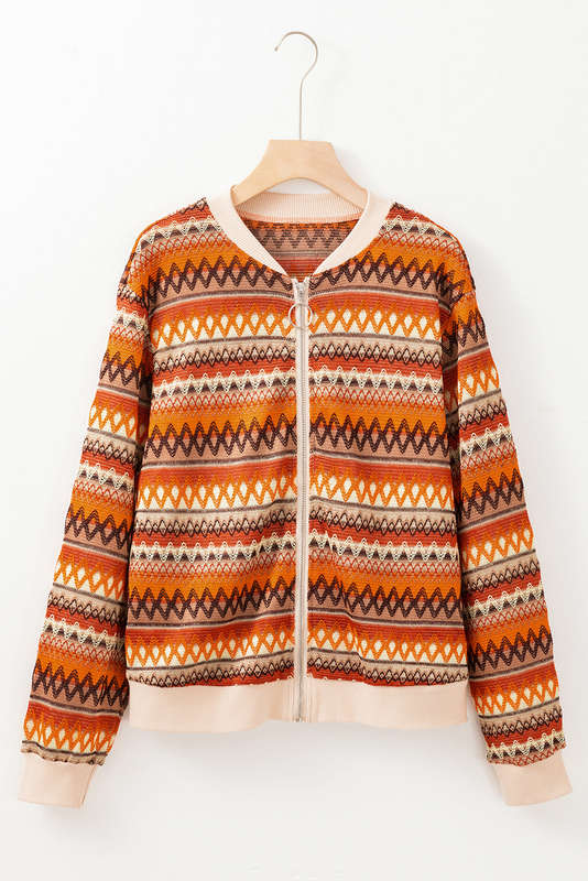 Orange Boho Striped Zip Up Long Sleeve Jacket