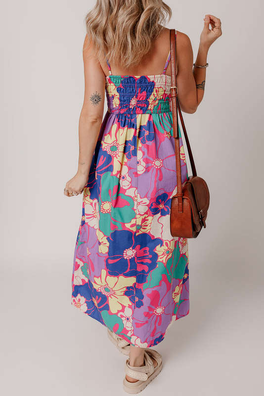 Purple Floral Print Shirred Spaghetti Strap Loose Maxi Dress