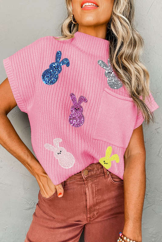 Pink Sequin Bunny Doll Graphic Ribbed High Neck Short Sleeve Sweater