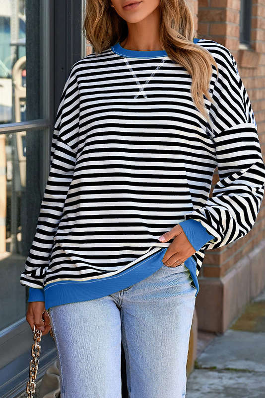 White Stripe Striped Contrast Ribbed Trim Crossed Stitch Drop Shoulder Sweatshirt